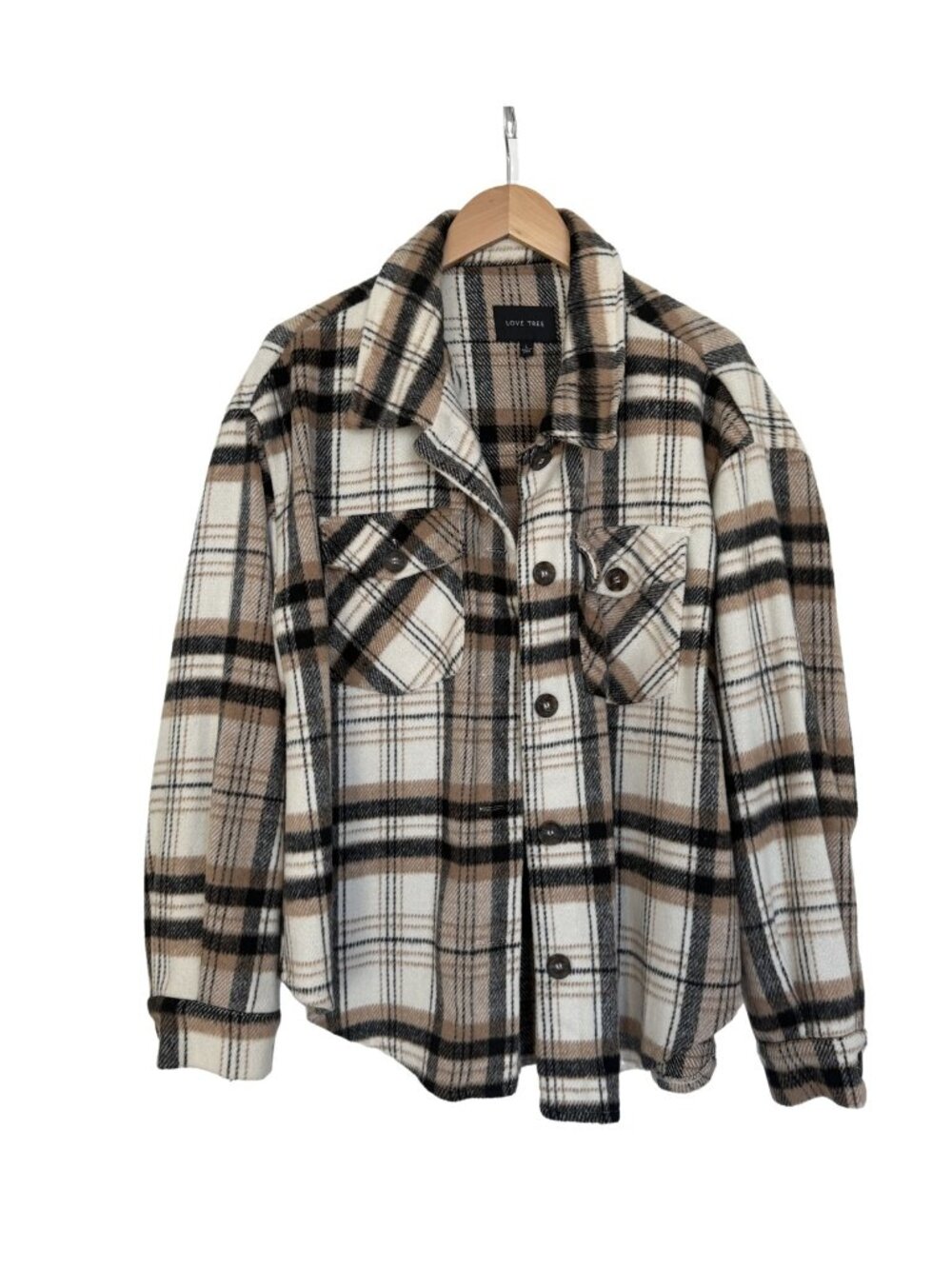 Love Tree Plaid Shacket, Cream/Black, L
